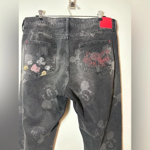 Desigual Women's Black Mickey Mouse Print Jeans Straight Leg Raw Hem SZ 34